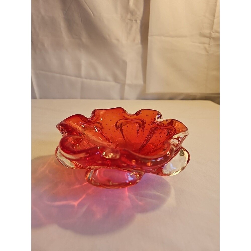 VTG Murano Blown Art Glass All Over Millefiori Red Amber Ruffled Bowl Ashtray